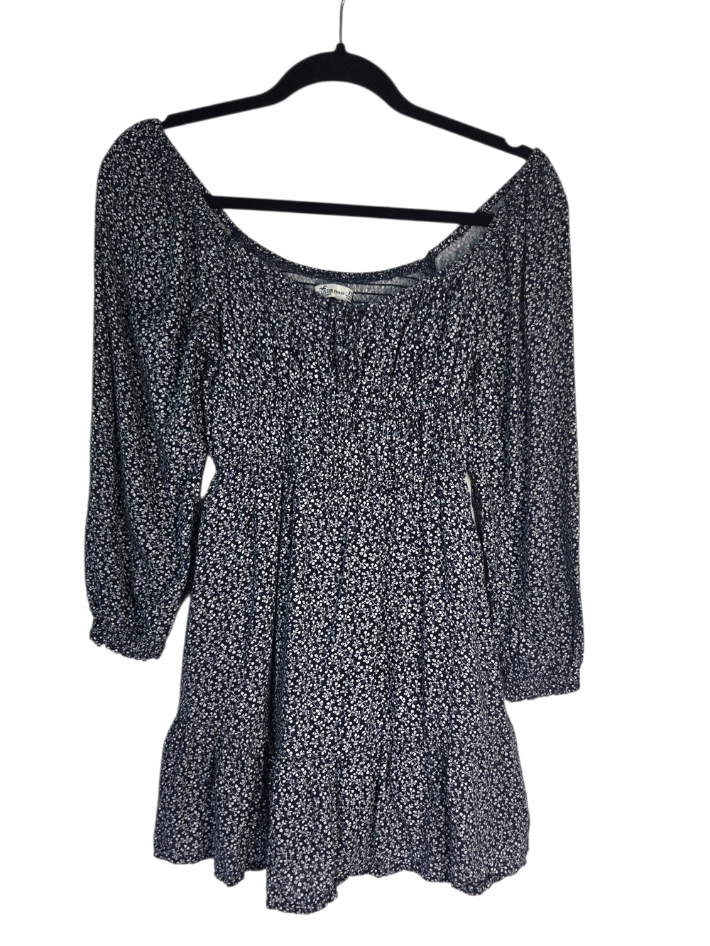 Hollister Floral Smocked Mini Dress XS Navy Boho Cottagecore Skort 3/4 Sleeve